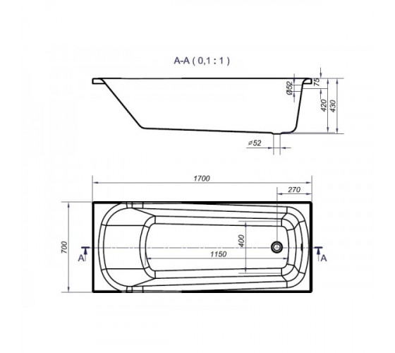 Ванна акриловая Cersanit Nao 170х70 с ножками, (S301-244)