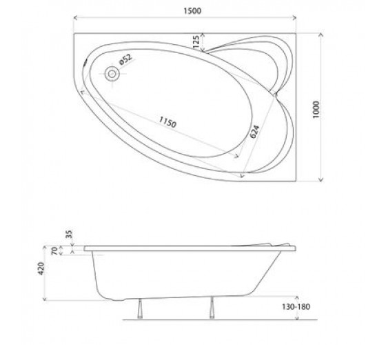 Ванна акрилова Kolo SUPERO 150x100, асиметрична, права, з ніжками (5536000)