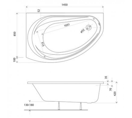 Ванна акрилова Kolo SUPERO 145x85, асиметрична, ліва, з ніжками (5534000)