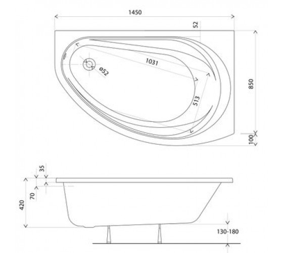 Ванна акрилова Kolo SUPERO 145x85, асиметрична, права, з ніжками (5533000)