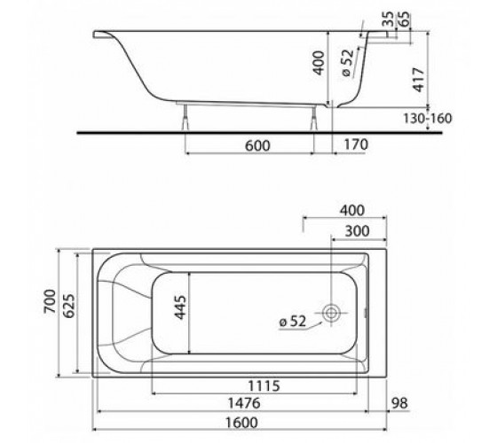 Ванна акрилова Kolo REKORD 160x70, без ніжок (XWP3660000N)