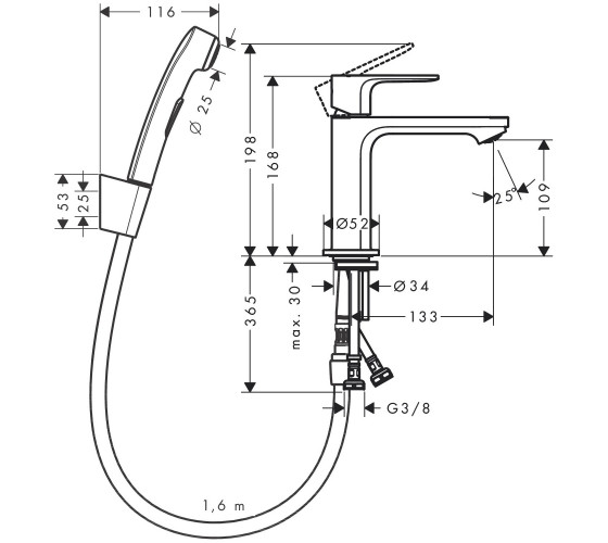 Смеситель для раковины Hansgrohe Rebris S 110 с гигиенической лейкой, Chrome (72215000)