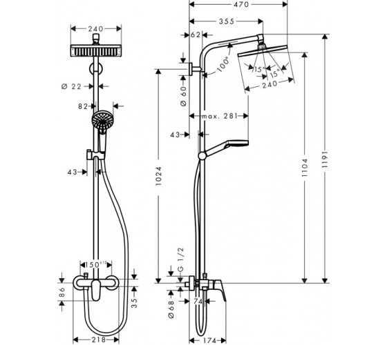 Душевая система для ванны Hansgrohe Crometta Showerpipe E 240 (27284000)