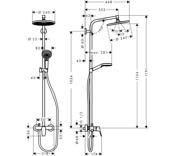 Душевая система для ванны Hansgrohe Crometta S Showerpipe 240 1jet (27269000)