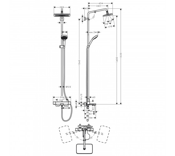 Душевая система  с термостатом для ванны Hansgrohe Croma E Showerpipe 280 (27687000)