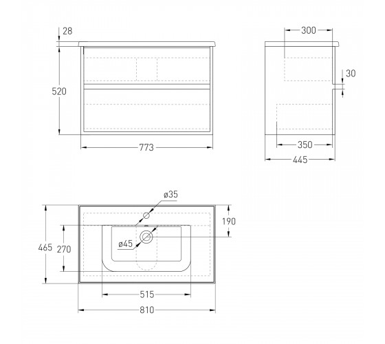 TEO комплект мебели 80см серый: тумба подвесная, 2 ящика + умывальник накладной арт 15-88-080