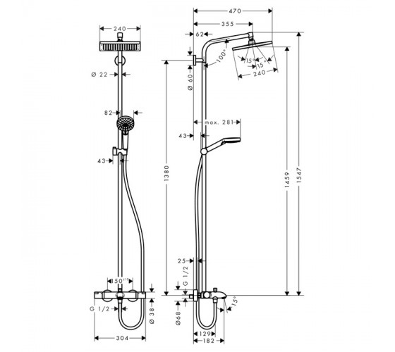 Душевая система для ванны с термостатом Hansgrohe CROMETTA E 240 1jet Showerpipe (27298000)