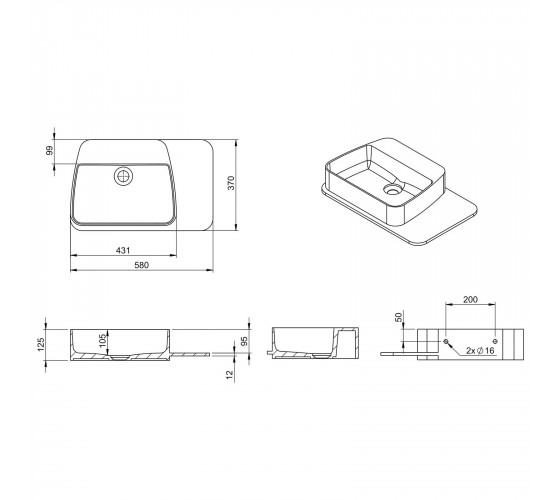 Умивальник підвісний з поличкою Volle Solid surface 60 см (13-40-415)