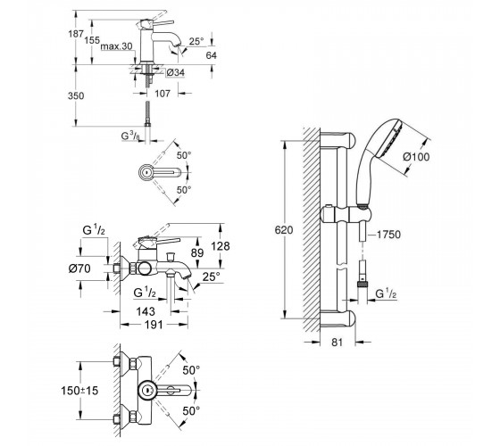 Набір змішувачів для ванни Grohe BauClassic (123868S)