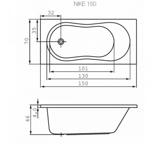 Ванна акриловая Cersanit ABS NIKE 150х70 с ножками, (S301-246)