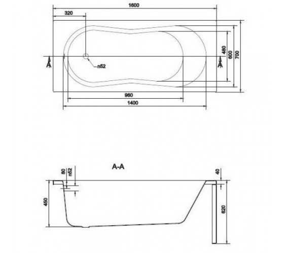 Ванна акрилова Cersanit ABS Nike 160x70 з ніжками, (S301-248)