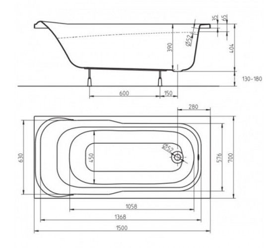 Ванна акрилова Kolo Sensa 150x70, без ніжок (XWP355000N)