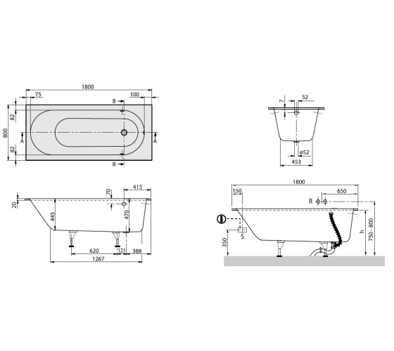 Ванна VILLEROY&BOCH OBERON 180*80см + ножки UBQ180OBE2V-01