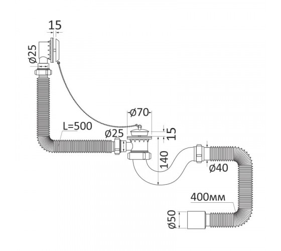 Сифон для ванны с переливом RJ (RSB405050)