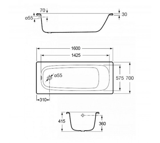 Ванна Roca CONTESA 160 x 70 прямокутна, без ніжок (A235960000)